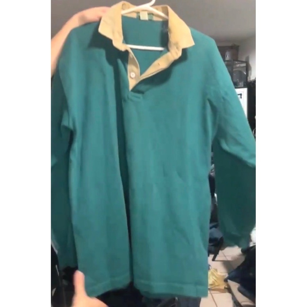 Vintage 90s Outer Banks Heavy Weather Rugby Teal Green Khaki Collar Preppy